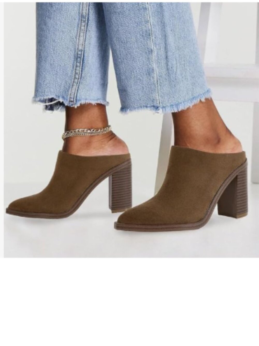 FOWT Tan Pointed Toe Slip On Mules Stacked Block High Heel Sandal Proms Shoes